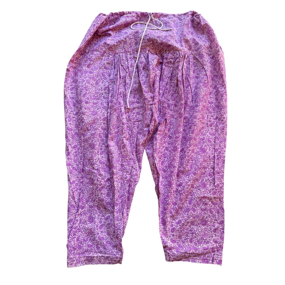 Purple Paisley Floral Harem Pants Boho Drawstring Waist Cotton Trousers